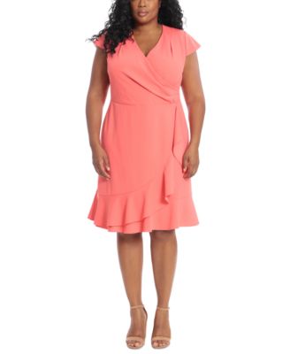 London Times - Plus Size Pleated Flounce Surplice Dress