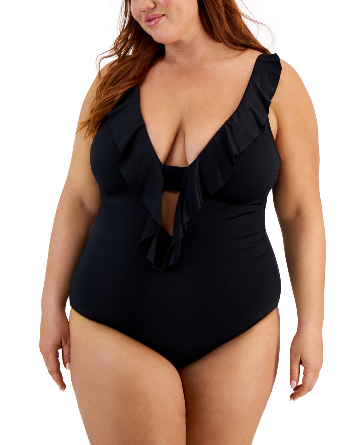 Becca Etc Trendy Plus Size Color Code Ruffled One-piece Swimsuit In Black