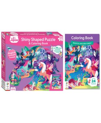 100-Piece Jigsaw Puzzle Magical Unicorn Forest Shiny Shaped Puzzle Coloring Book 19.3" x 14.2" Fantasy Themed Jigsaw Unicorns And Fairies, Coloring Books, Kids Art And Craft Set