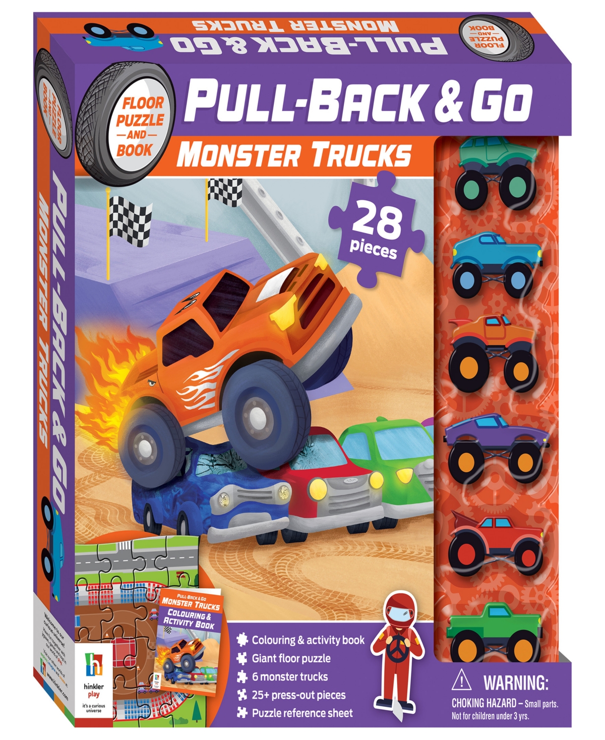 Hinkler Kids' Pull Back And Go Monster Trucks 28 Piece Floor Puzzle Play Mat Coloring And Activity Book 6 Pull And In Multi