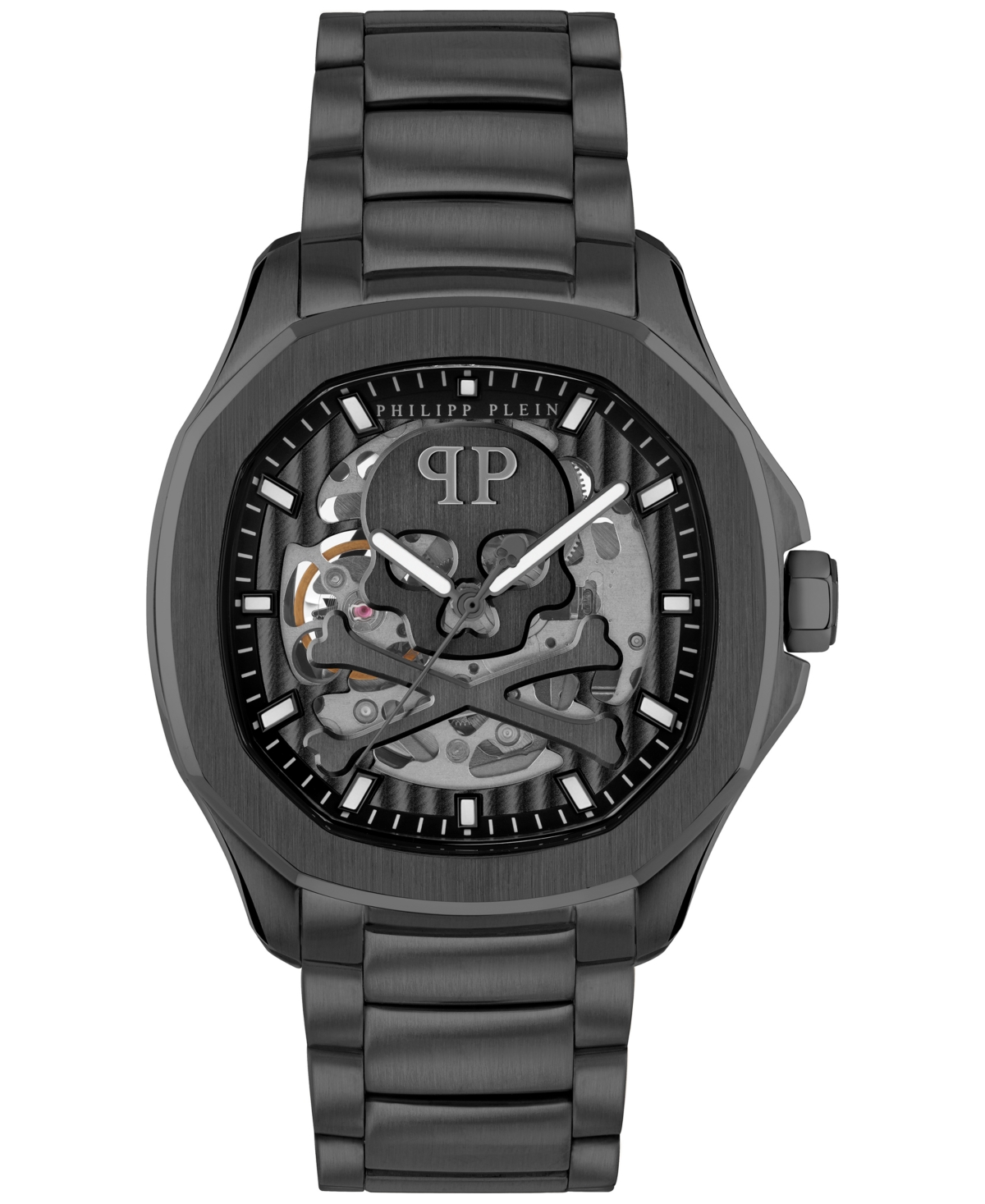 PHILIPP PLEIN MEN'S AUTOMATIC SKELETON SPECTRE BLACK ION-PLATED BRACELET WATCH 42MM