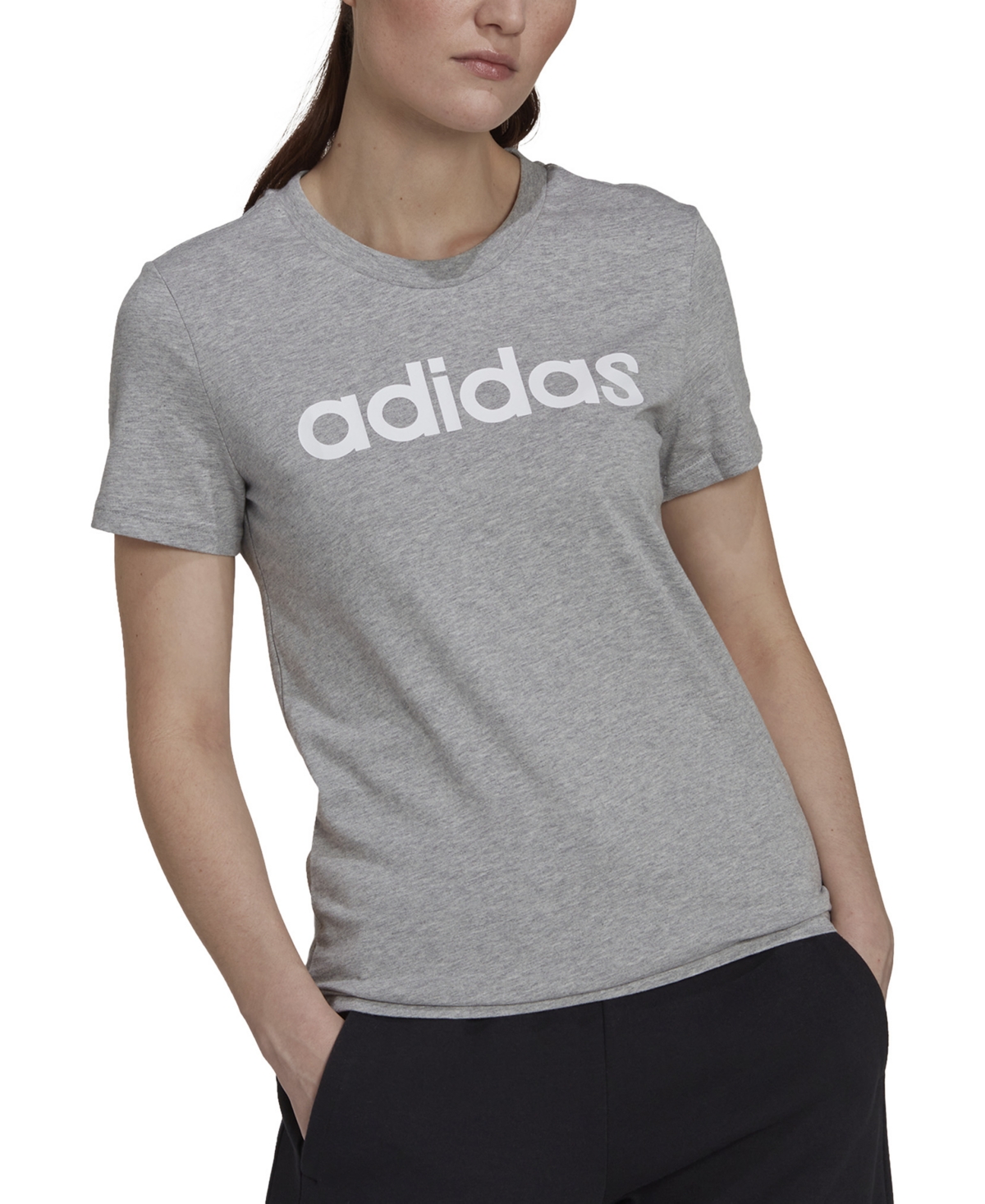 Adidas Originals Women's Essentials Cotton Linear Logo T-shirt In Medium Grey Heather,white
