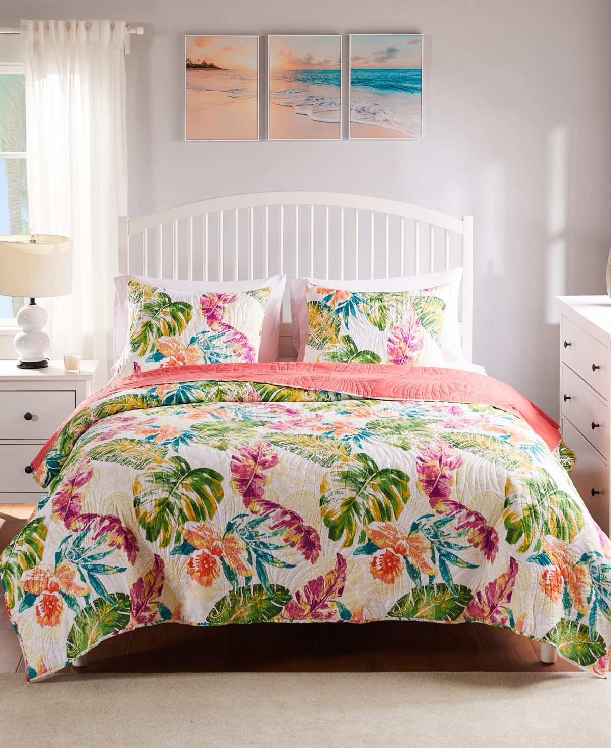 Greenland Home Fashions Tropics Coastal Palm 3 Piece Quilt Set, King/california King In Coral