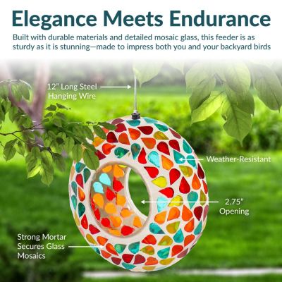 Outdoor Garden Patio Round Glass with Mosaic Design Hanging Fly-Through Bird Feeder - 6"