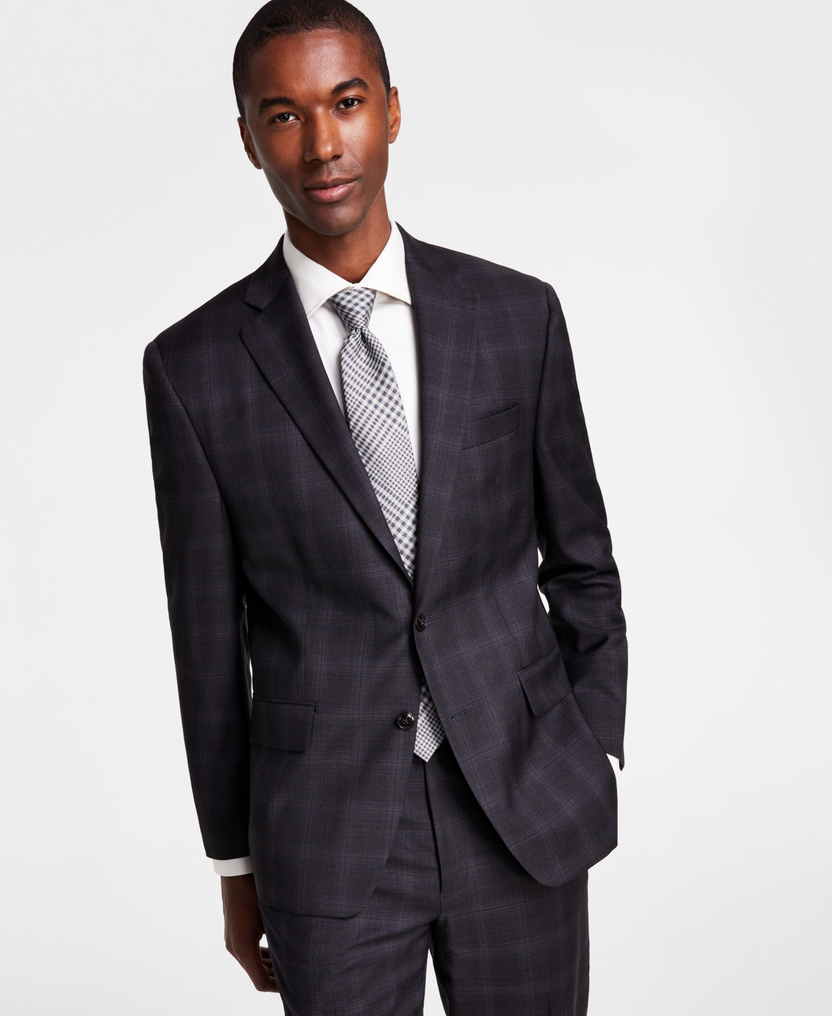 Michael Kors Men's Classic-fit Wool-blend Stretch Suit Separate Jacket In Charcoal,brown Plaid