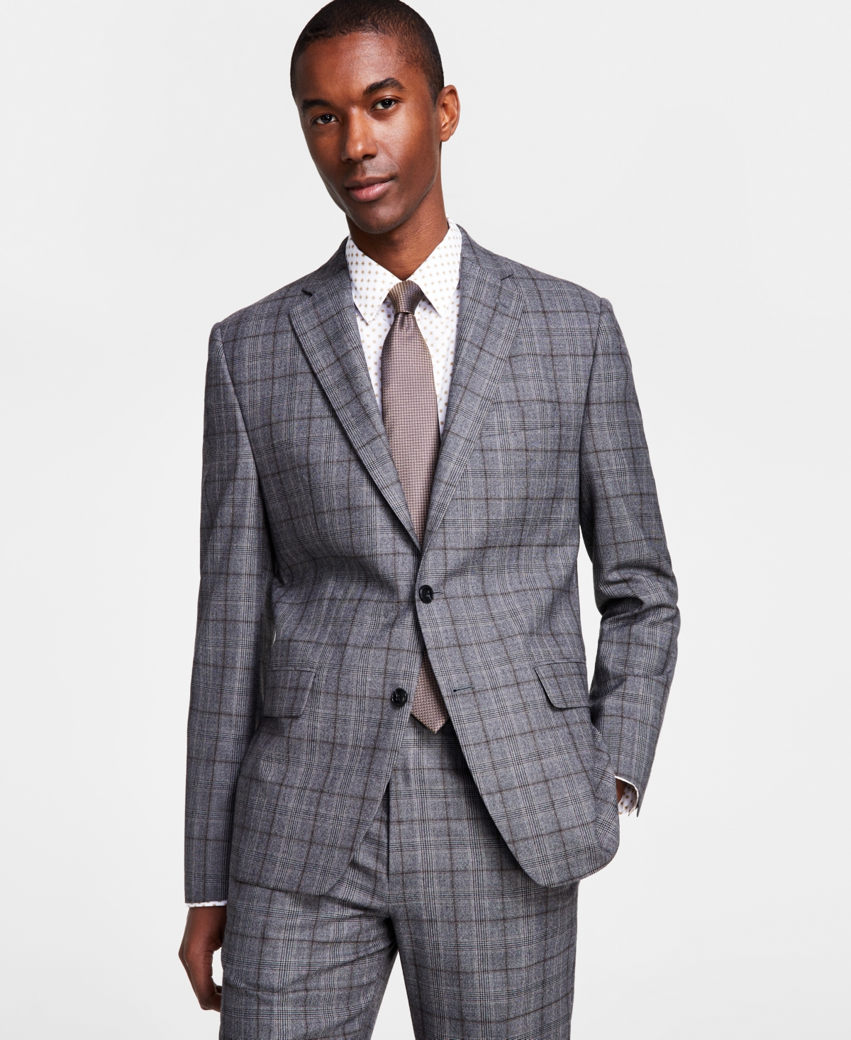 Michael Kors Men's Classic-fit Wool-blend Stretch Suit Separate Jacket In Medium Grey Plaid