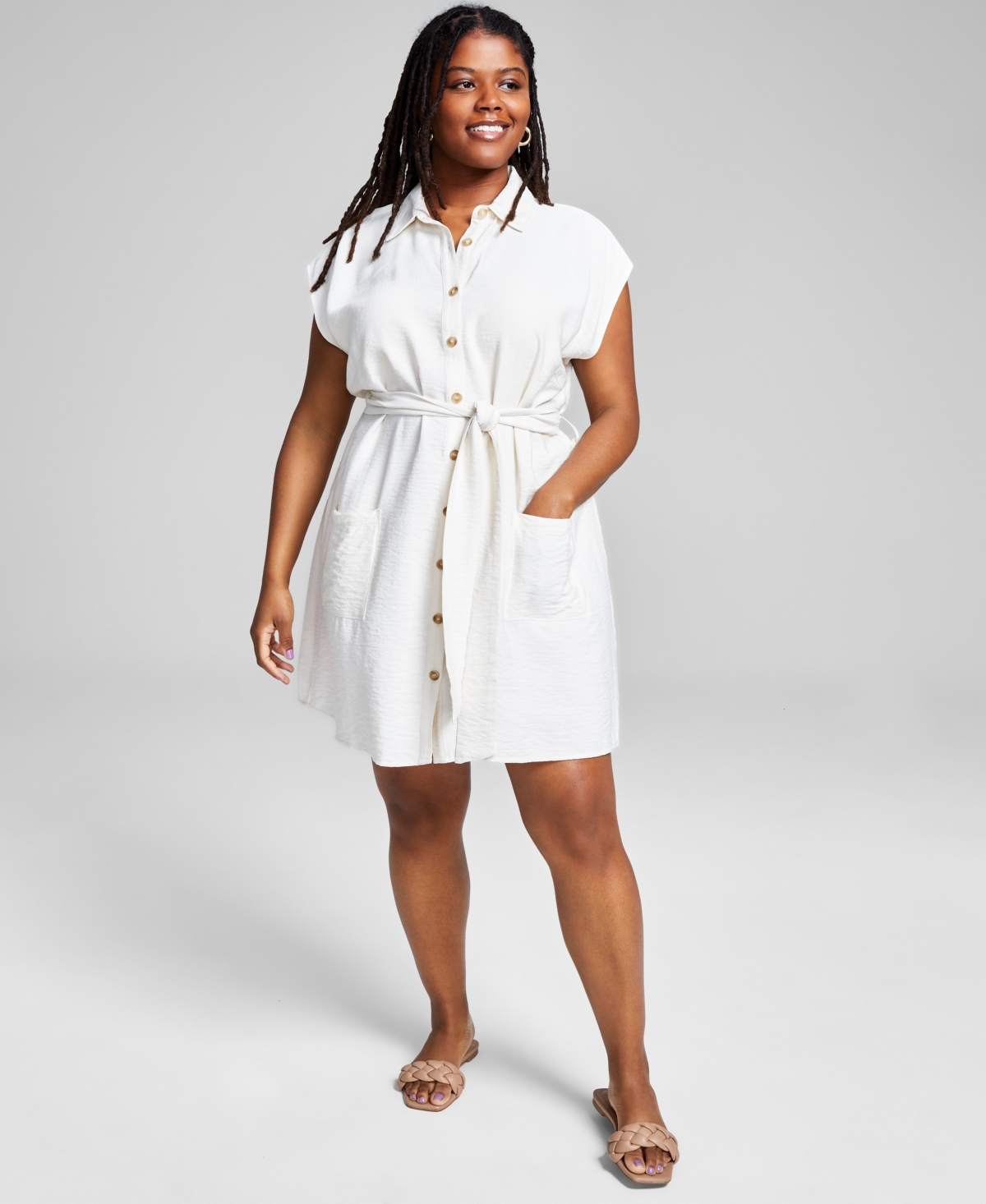 And Now This Trendy Plus Size Belted Dolman-sleeve Shirtdress, Created For Macy's In Bone