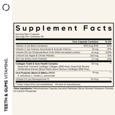 Teeth & Gums Vitamins + Oral Probiotics Supplement for Mouth - Whole Food Calcium, Collagen, Potassium, Vitamin C, D3, K2, Zinc - 90 Capsules