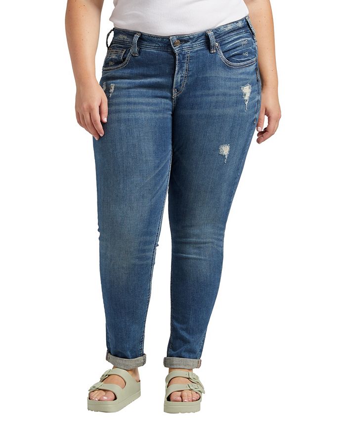 Silver Jeans Co. Plus Size Indigo Wash Ripped Girlfriend Jeans - Macy's