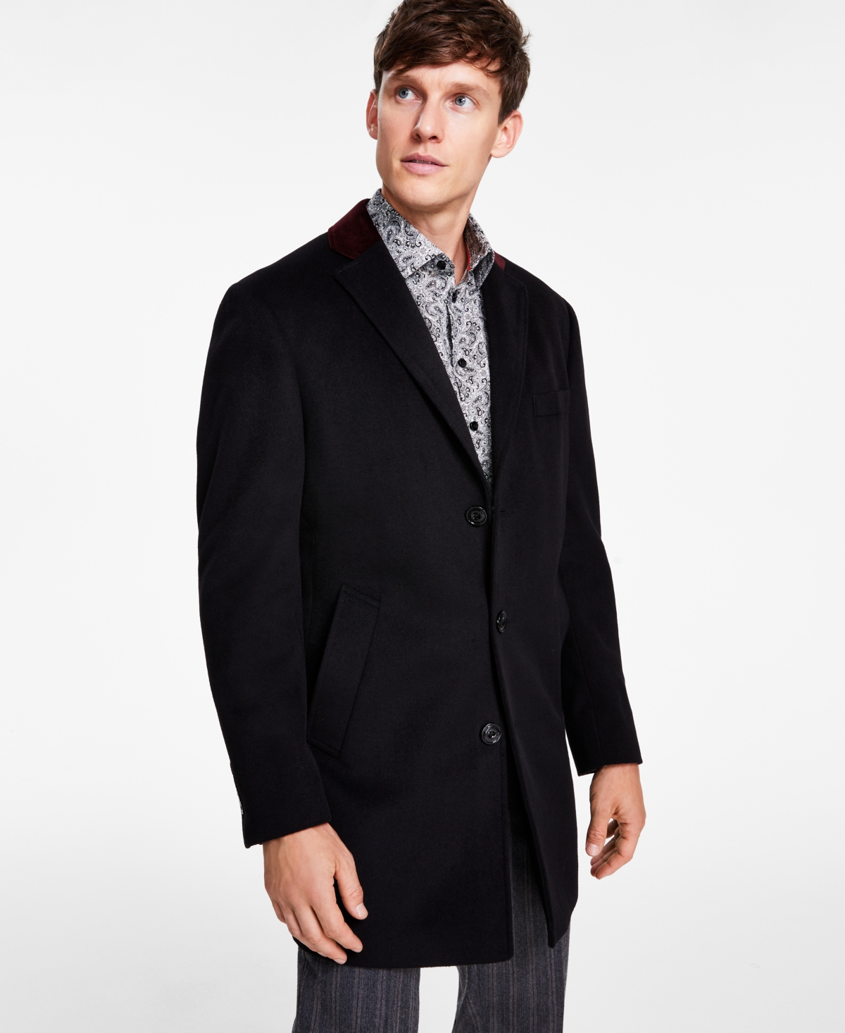 Men Wool Blend Overcoats with Contrast Velvet Top Collar - Grey