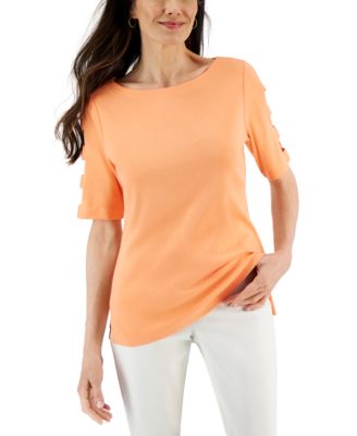 Karen Scott - Petite Cotton Elbow-Sleeve Boat-Neck Top