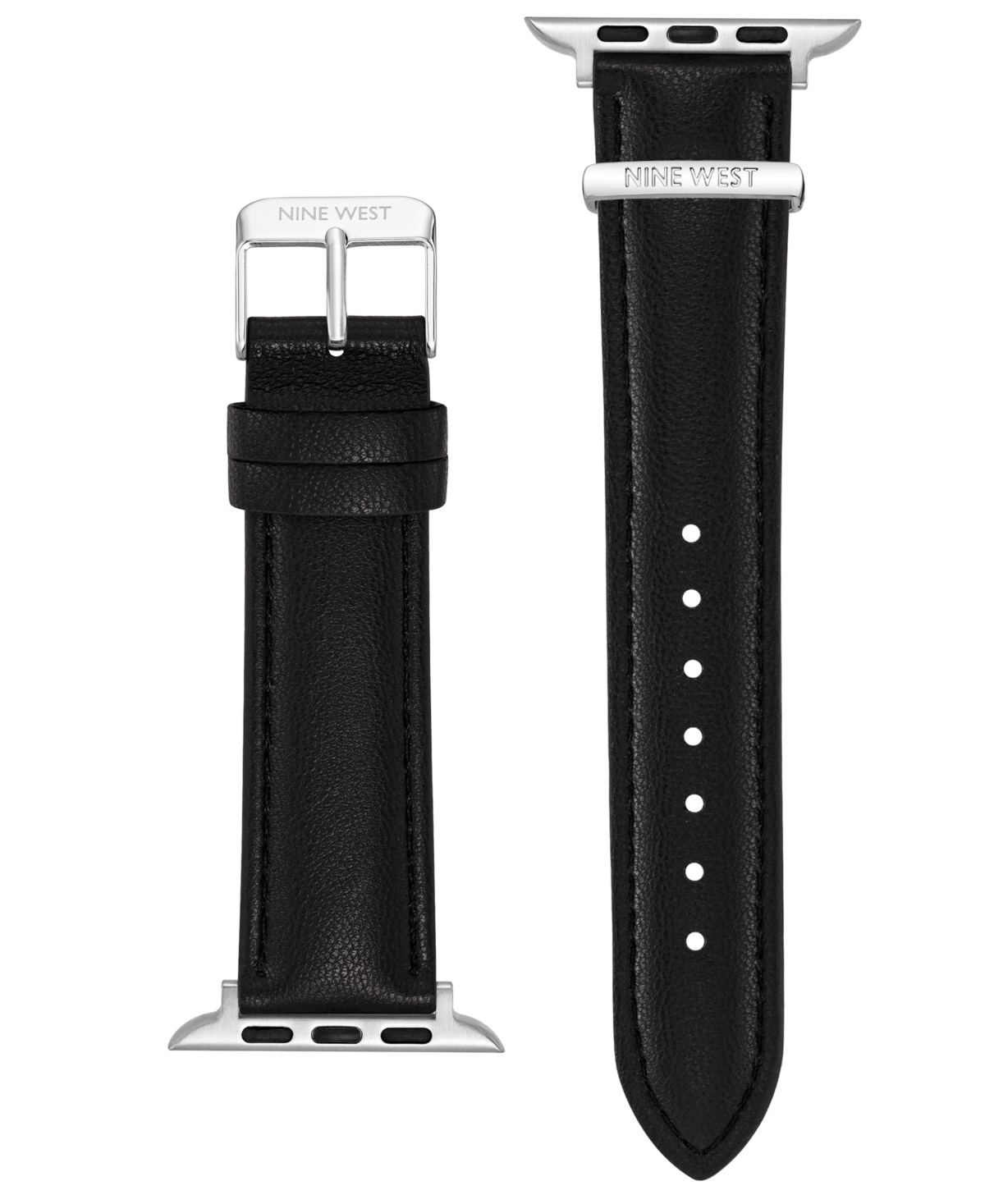 NINE WEST WOMEN'S BLACK SMOOTH FAUX LEATHER STRAP WITH SILVER-TONE STAINLESS STEEL ADAPTORS COMPATIBLE WITH 42