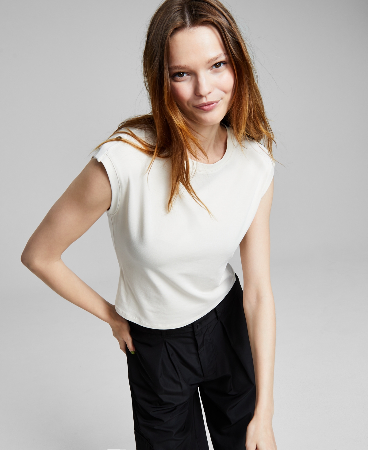 And Now This Women's Button-shoulder Crewneck Tee, Created For Macy's In Bone