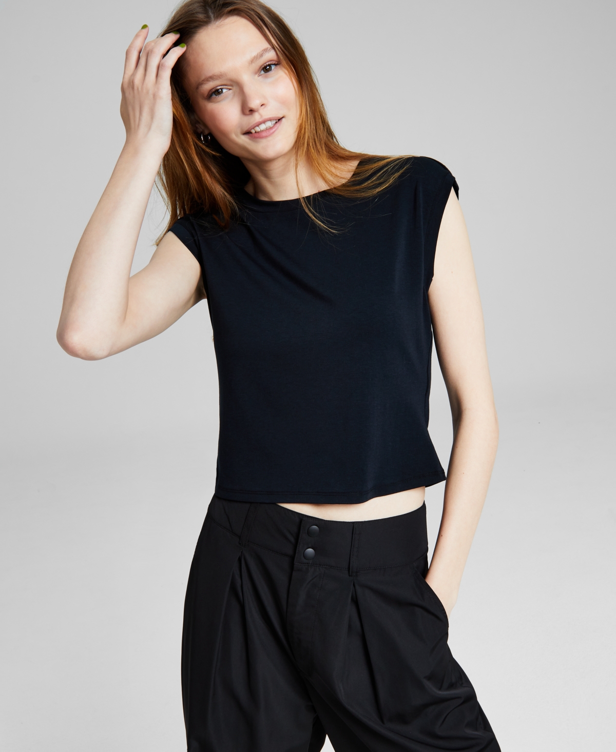 And Now This Women's Button-shoulder Crewneck Tee, Created For Macy's In Black