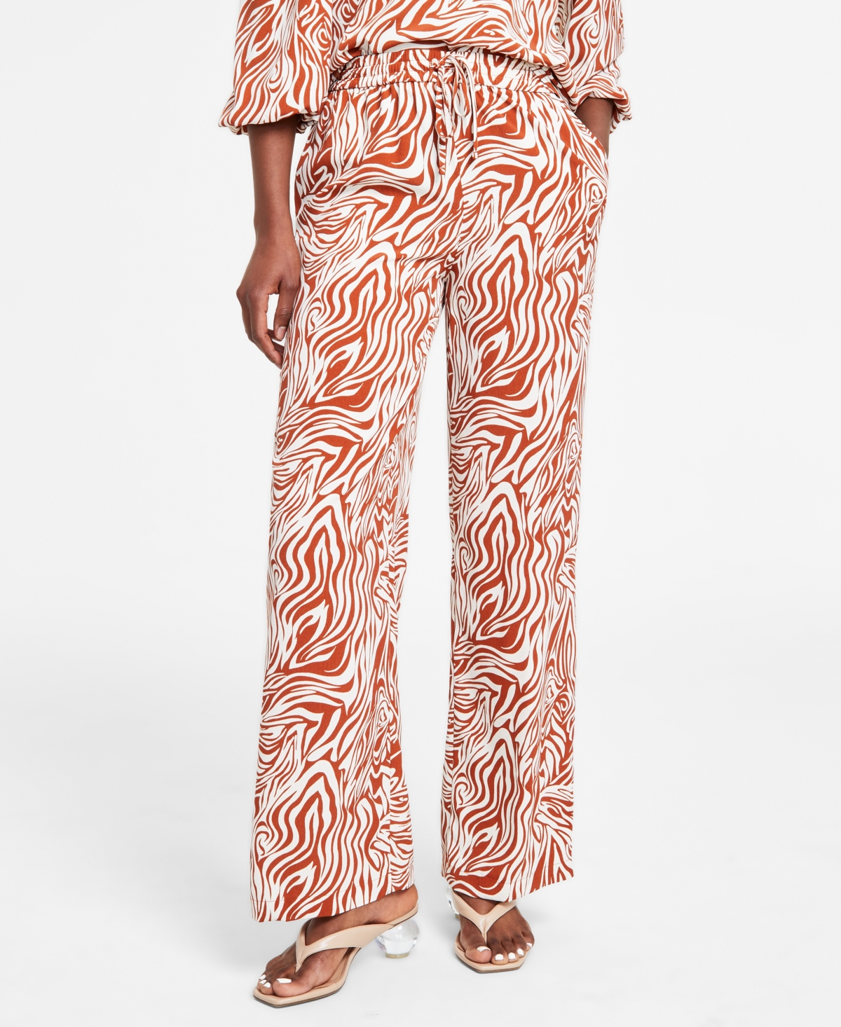 Bar Iii Women's Animal-Print Satin Pull-On Drawstring Pants, Created for Macy's