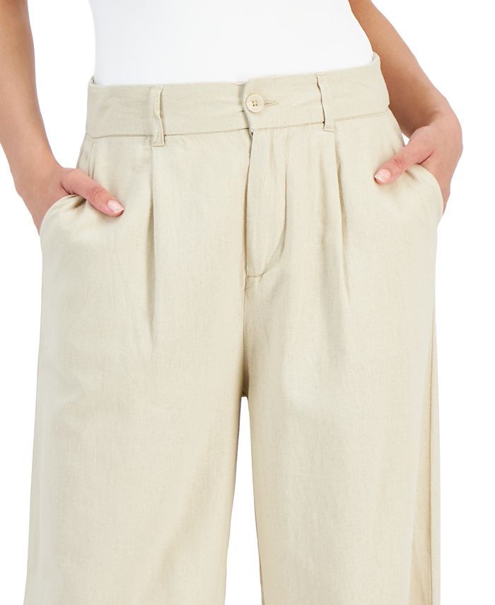 Rewash Juniors Linen High Rise Wide Leg Pleat Front Trouser Pants