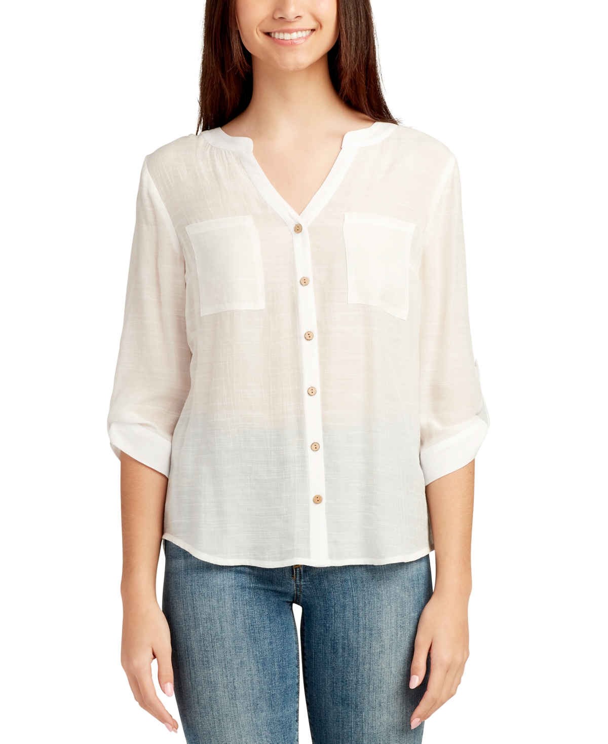 Bcx Juniors' Button-down Two-pocket Shirt In Off White