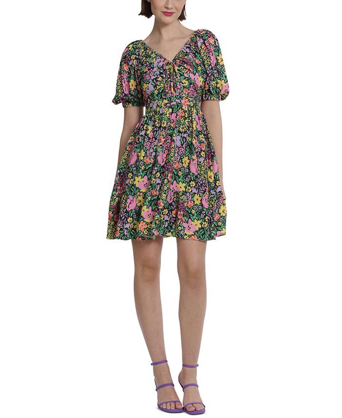 Donna Morgan Women's Floral-Printed V-Neck Mini Dress - Macy's