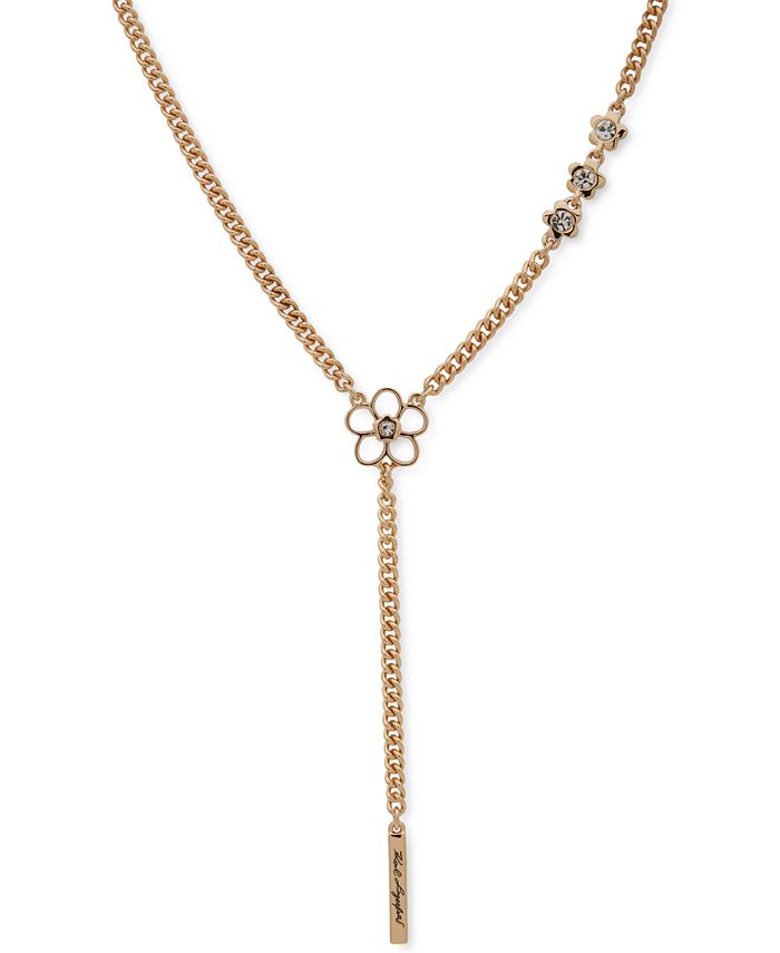 KARL LAGERFELD PARIS Gold-Tone Crystal Flower Logo Lariat Necklace, 16 ...