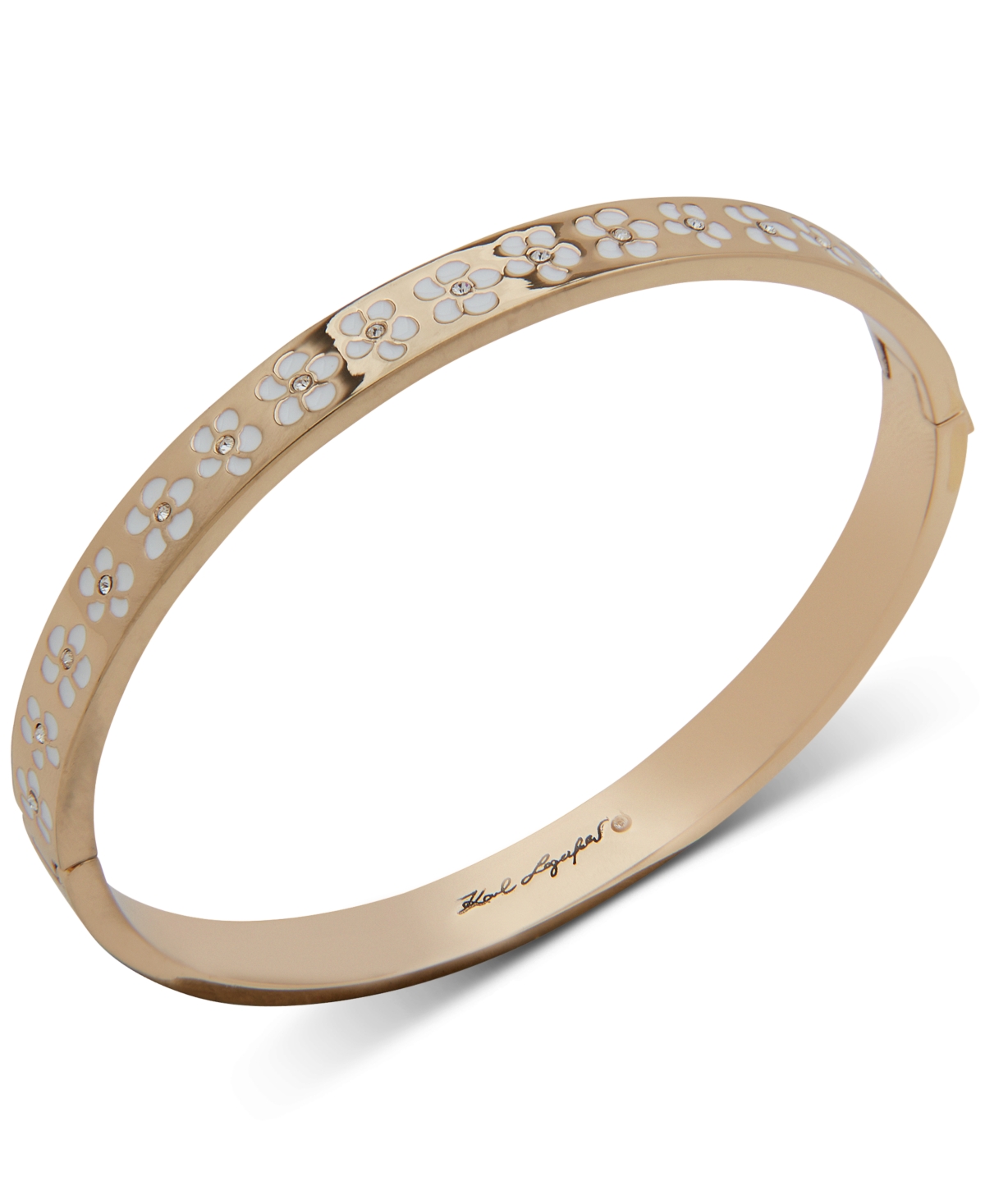 Karl Lagerfeld Gold-tone Pave White Flower Bangle Bracelet In Crystal