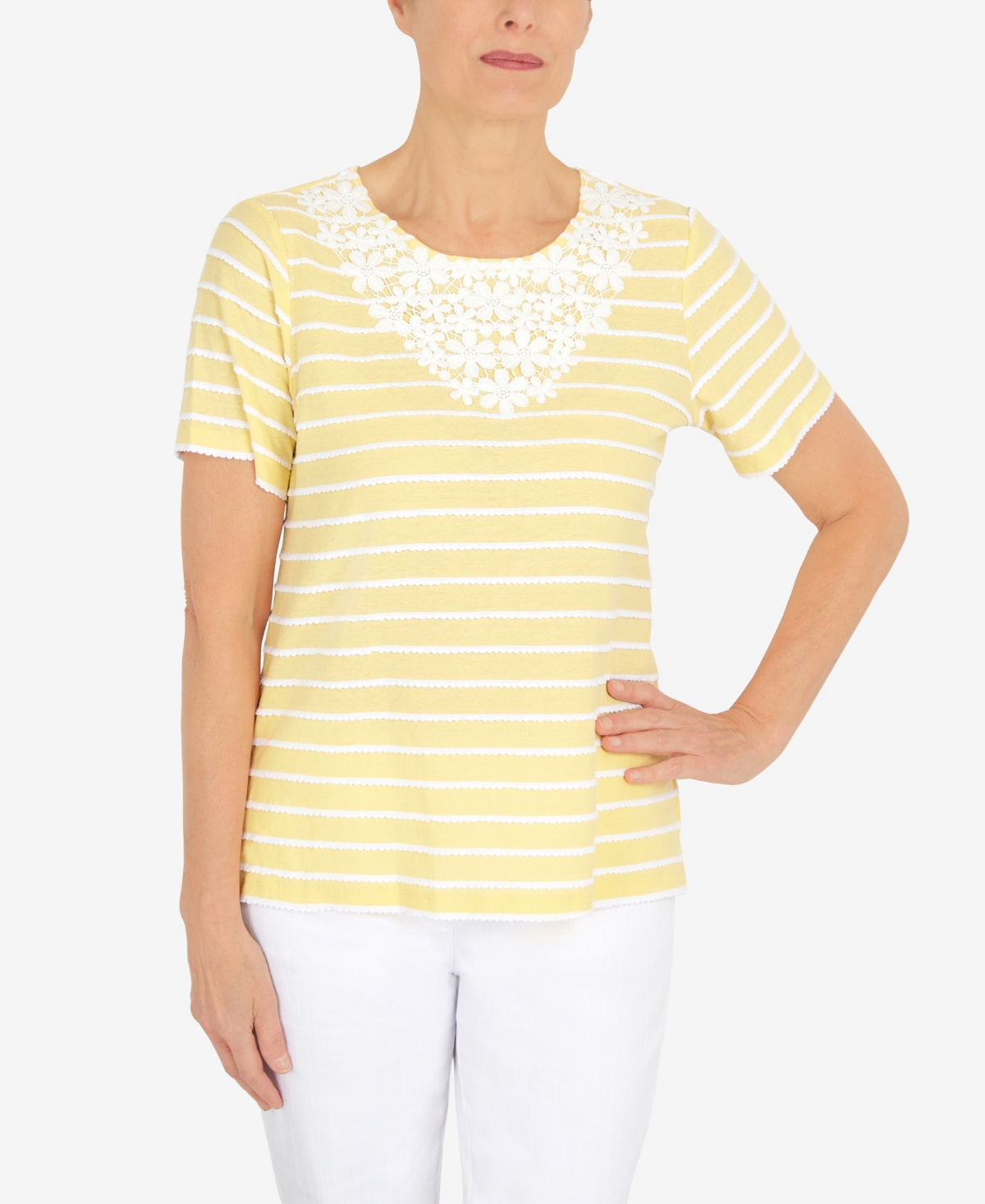 Alfred Dunner Women's Summer In The City Striped Flower Neck Top In Yellow