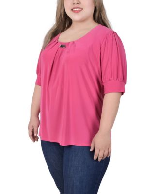 Plus Size Short Balloon Sleeve Top with Hardware