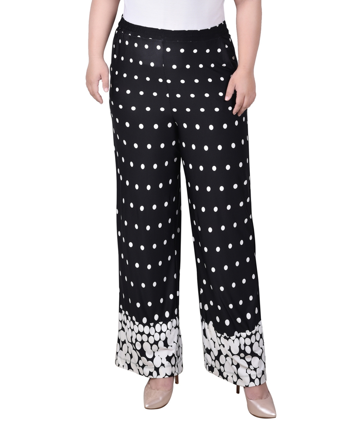 Ny Collection Plus Size Wide Leg Pull On Pants In Black Dotfall