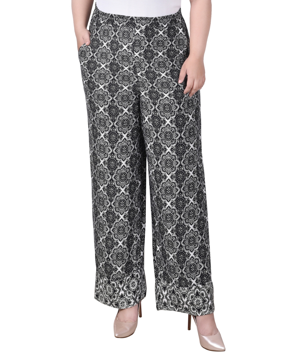 Ny Collection Plus Size Wide Leg Pull On Pants In Black Medallion