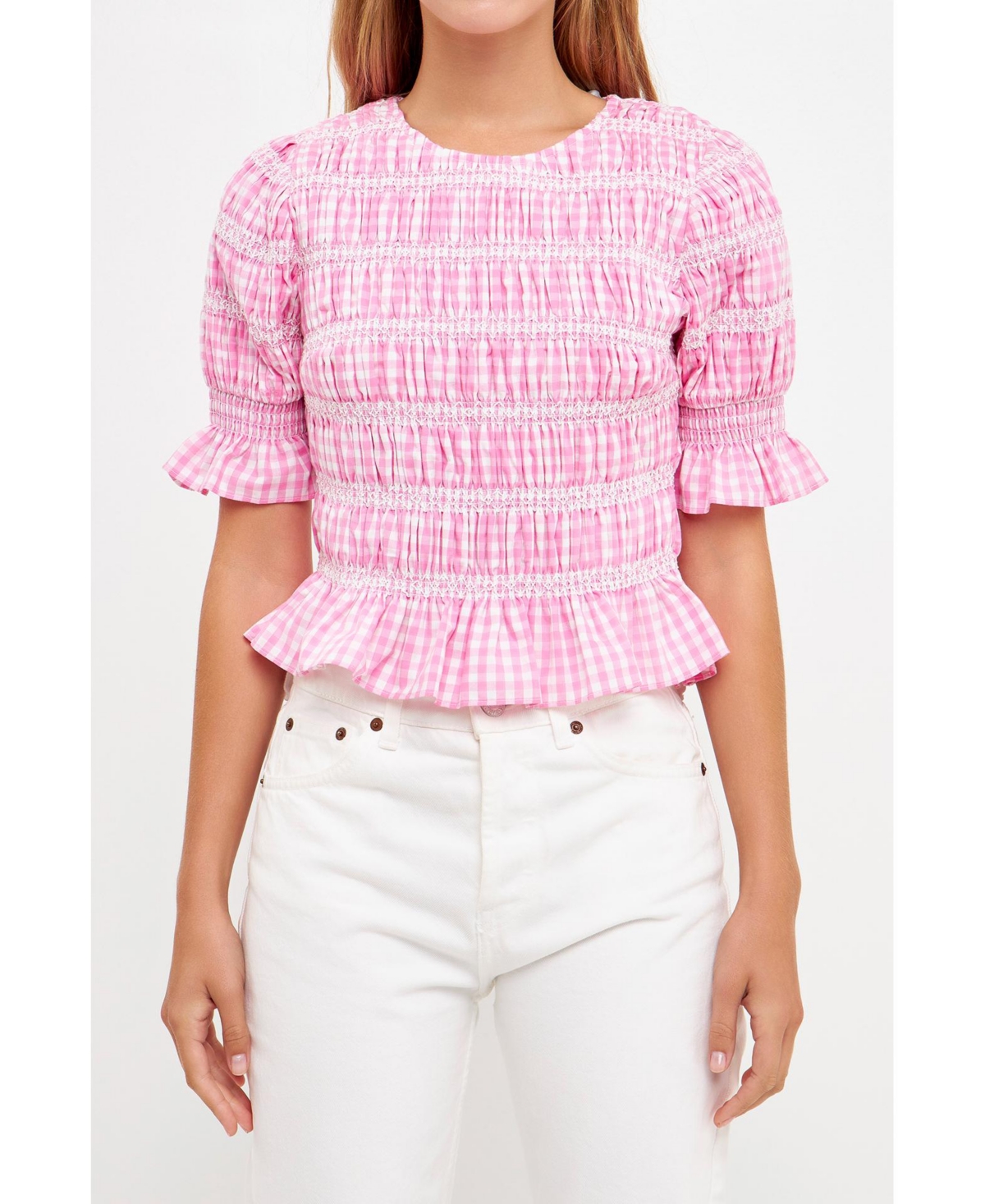 ENGLISH FACTORY WOMEN'S GINGHAM SMOCKED PUFF SLEEVE TOP