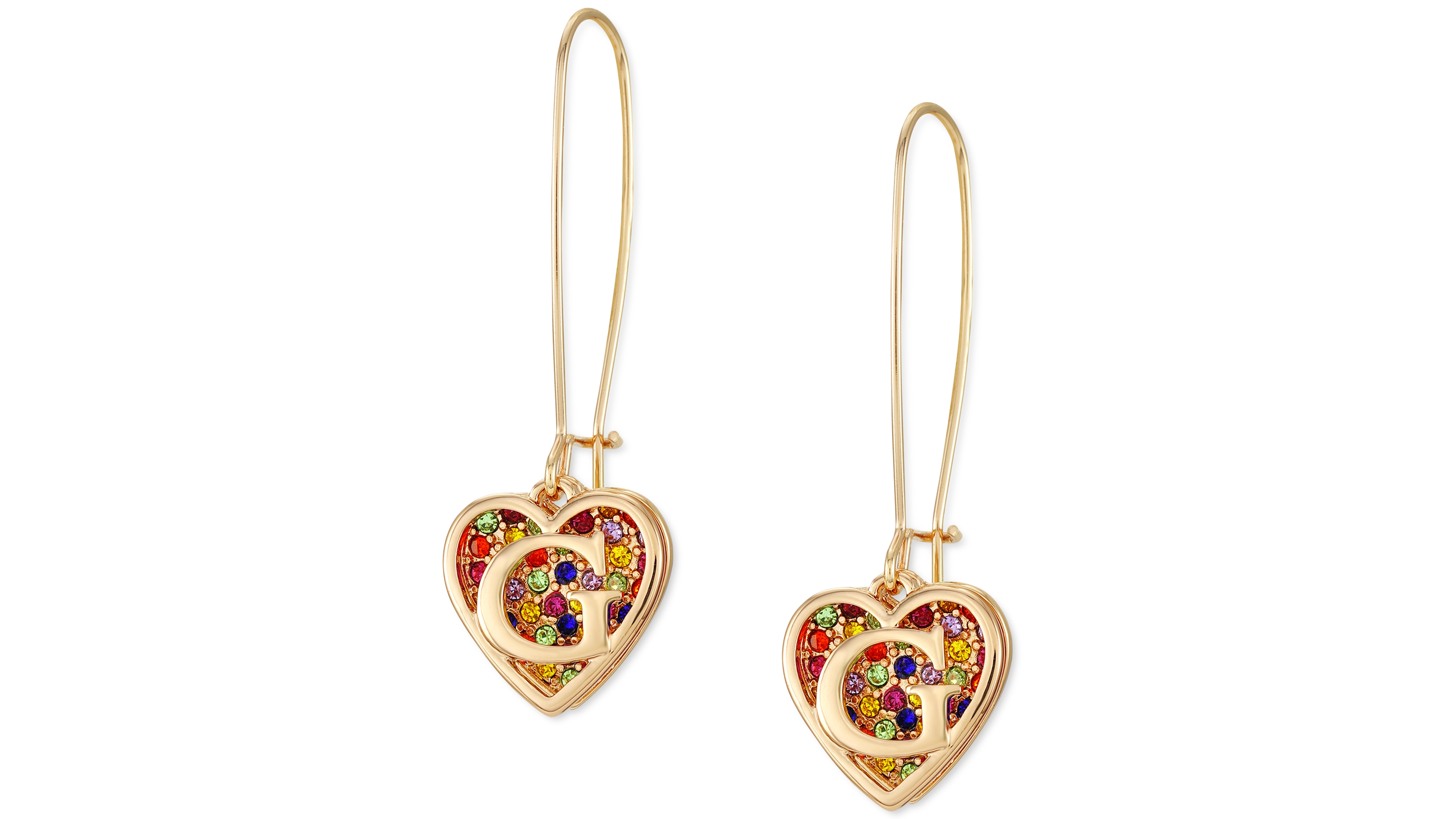 Guess Gold-Tone Rainbow Pave Logo Heart Linear Drop Earrings