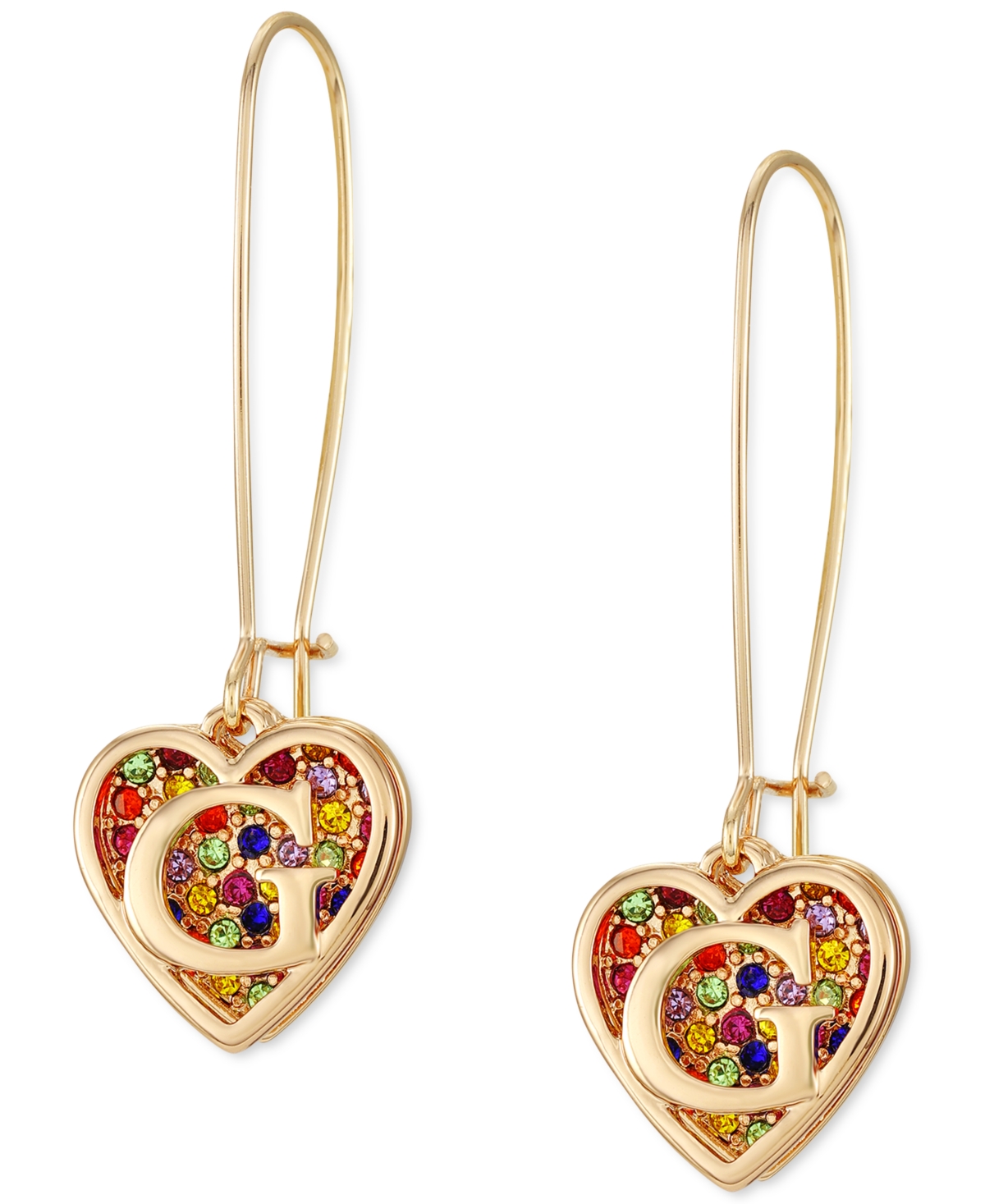Guess Gold-tone Rainbow Pave Logo Heart Linear Drop Earrings