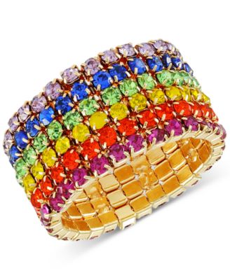 GUESS - Gold-Tone Rainbow Rhinestone Multi-Row Stretch Ring