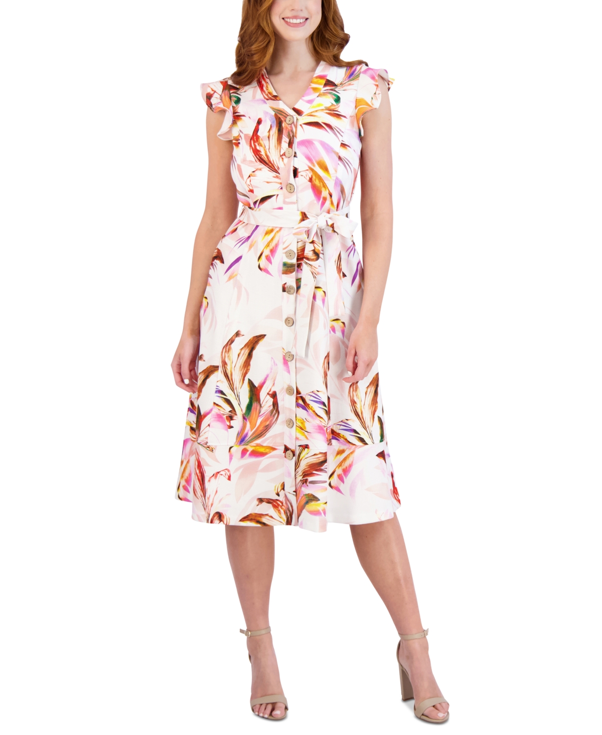 Women's Printed Flutter-Sleeve Fit & Flare Dress - Ivory Multi