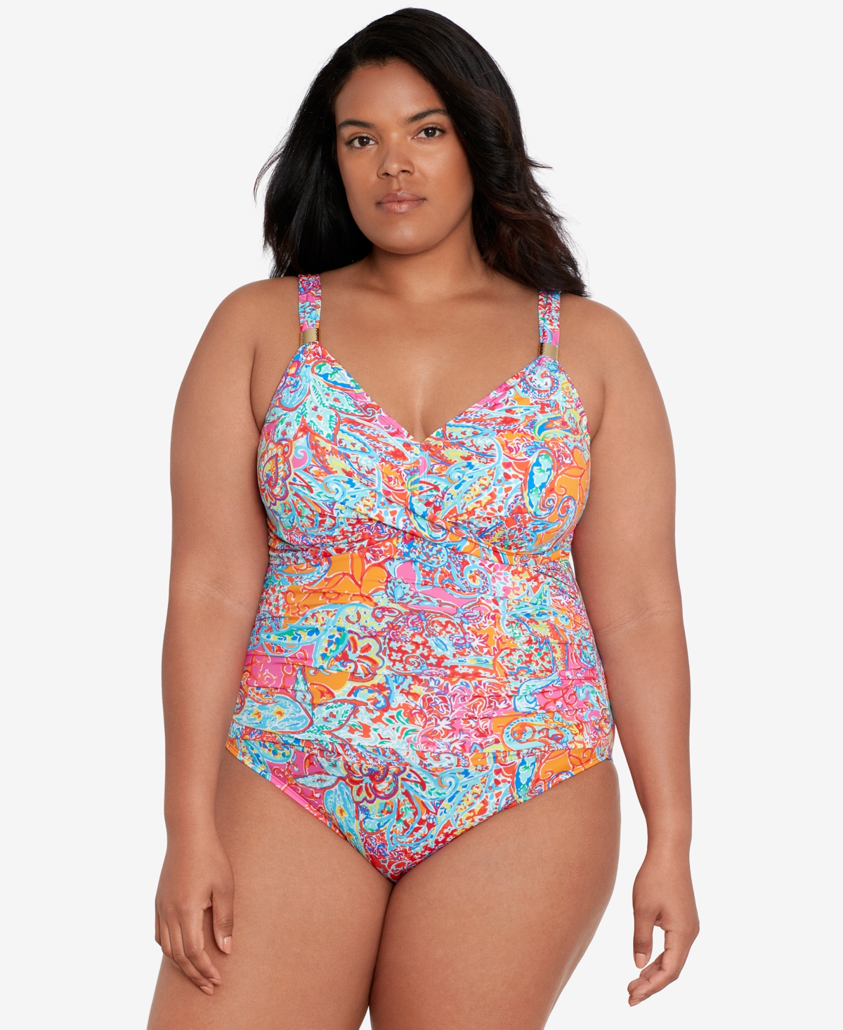 Lauren Ralph Lauren Plus Size Surplice Underwire One-piece Swimsuit In Amara Patchwork