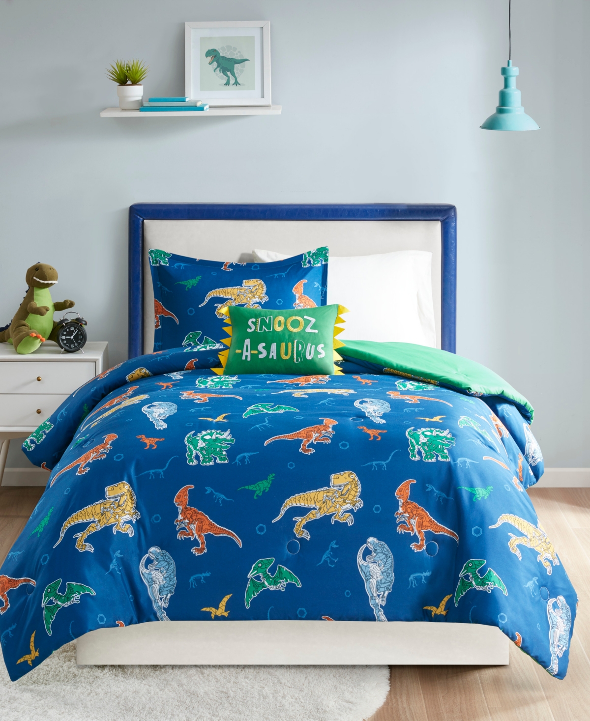 Mi Zone Kids Logan Robot Dinosaur Printed 4-piece Comforter Set, Full/queen Bedding In Blue