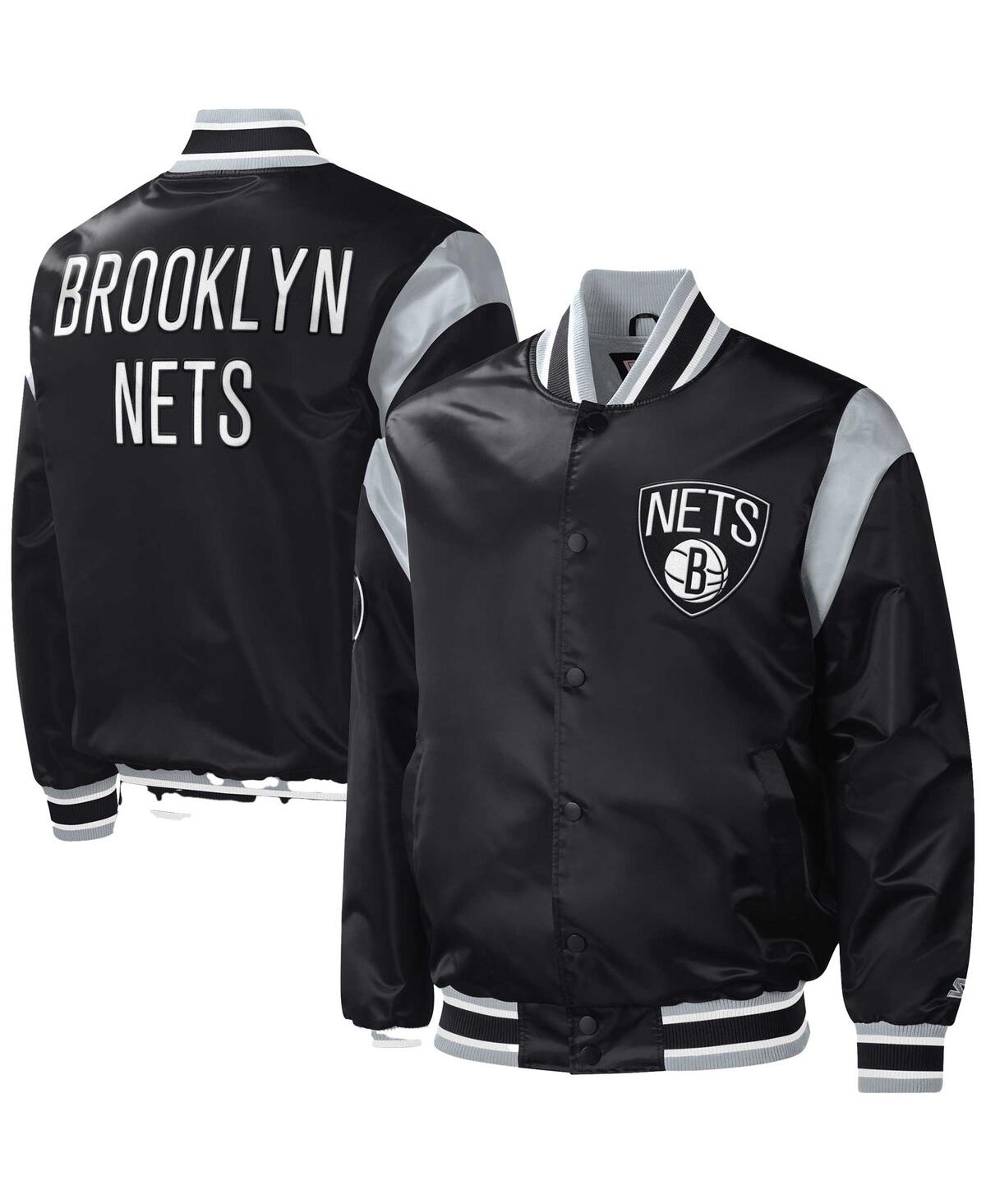 Men's Starter Black Brooklyn Nets Force Play Satin Full-Snap Varsity Jacket - Black