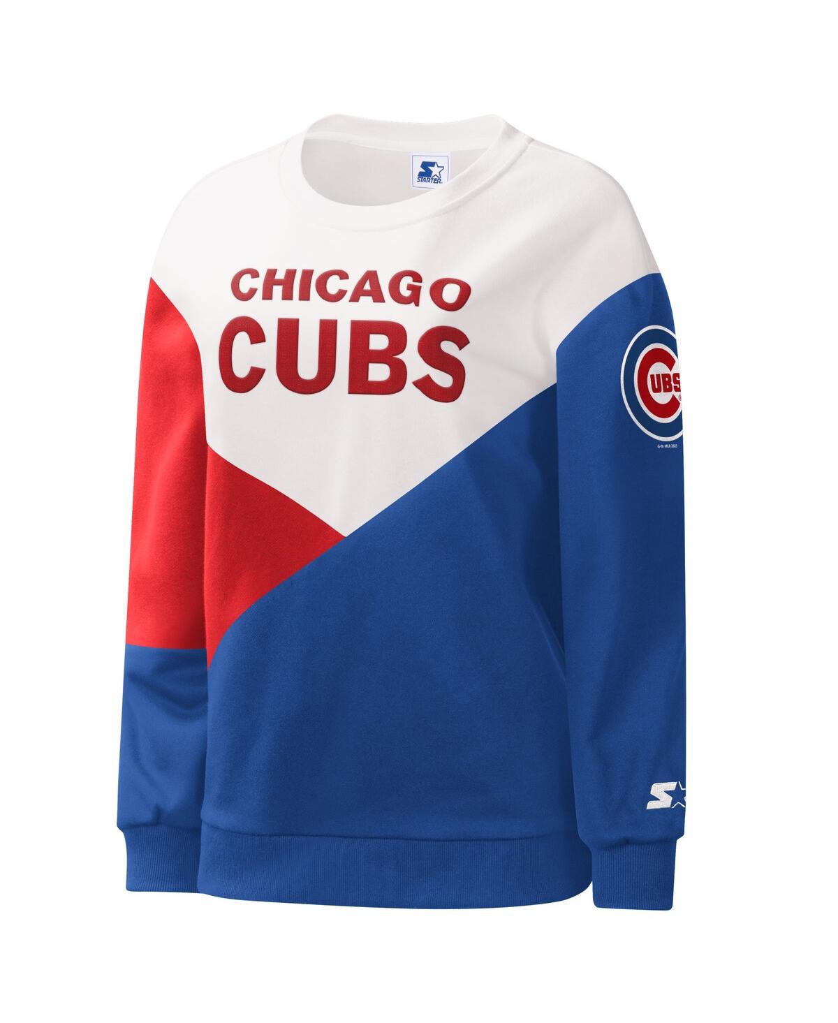 Shop Starter Women's  White, Royal Chicago Cubs Shutout Pullover Sweatshirt In White,royal