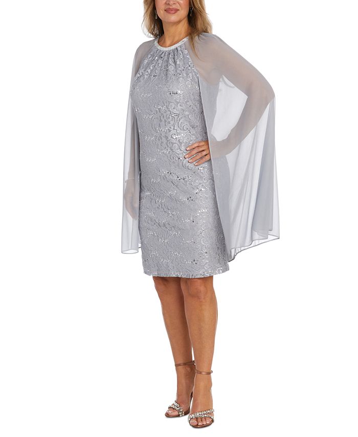 R & M Richards Women's Sequinned Lace Dress With Chiffon Cape - Macy's