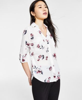 Juniors' Floral-Print Collared Shirt