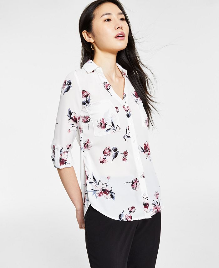 BCX - Juniors' Floral-Print Collared Shirt
