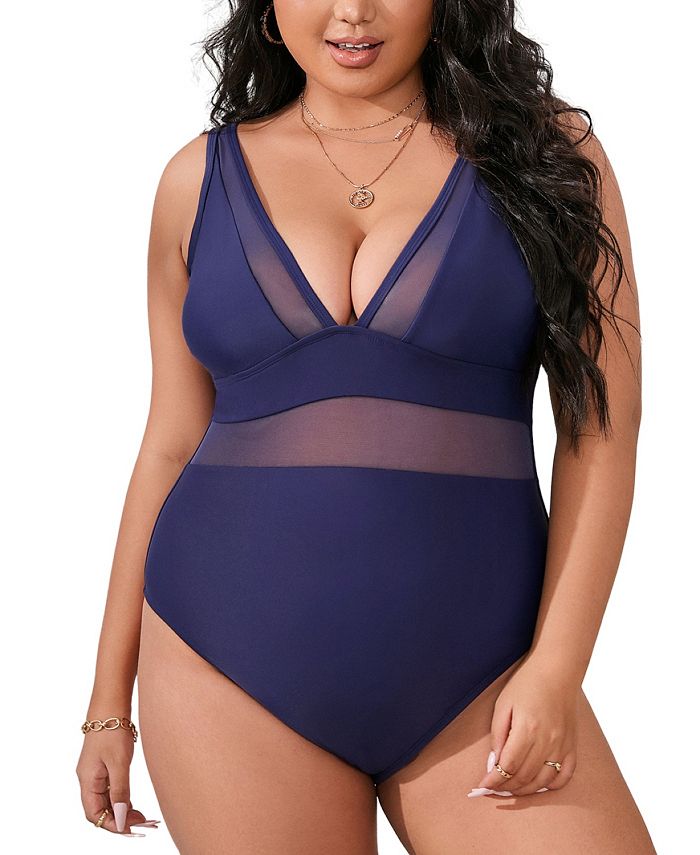 CUPSHE Women's Summer Dreaming Plunge Mesh Plus Size One Piece Swimsuit