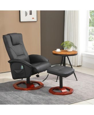 Massage Recliner Chair with Ottoman, Electric Faux Leather Recliner with 10 Vibration Points and 5 Massage Mode, Swivel Reclining Chair with Remote Control, Wood Base and Side Pocket, Black