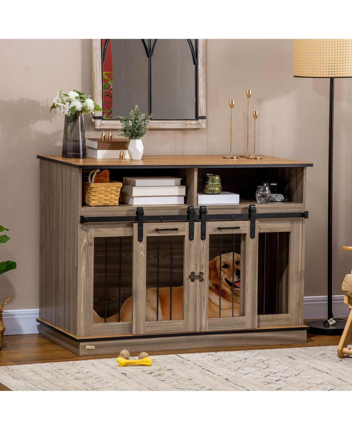 Size-Changing Dog Crate End Table with Removable Panel & Two Rooms, Large or Small Dog Cage with Shelves and Sliding Doors, Fancy Puppy Furnitu