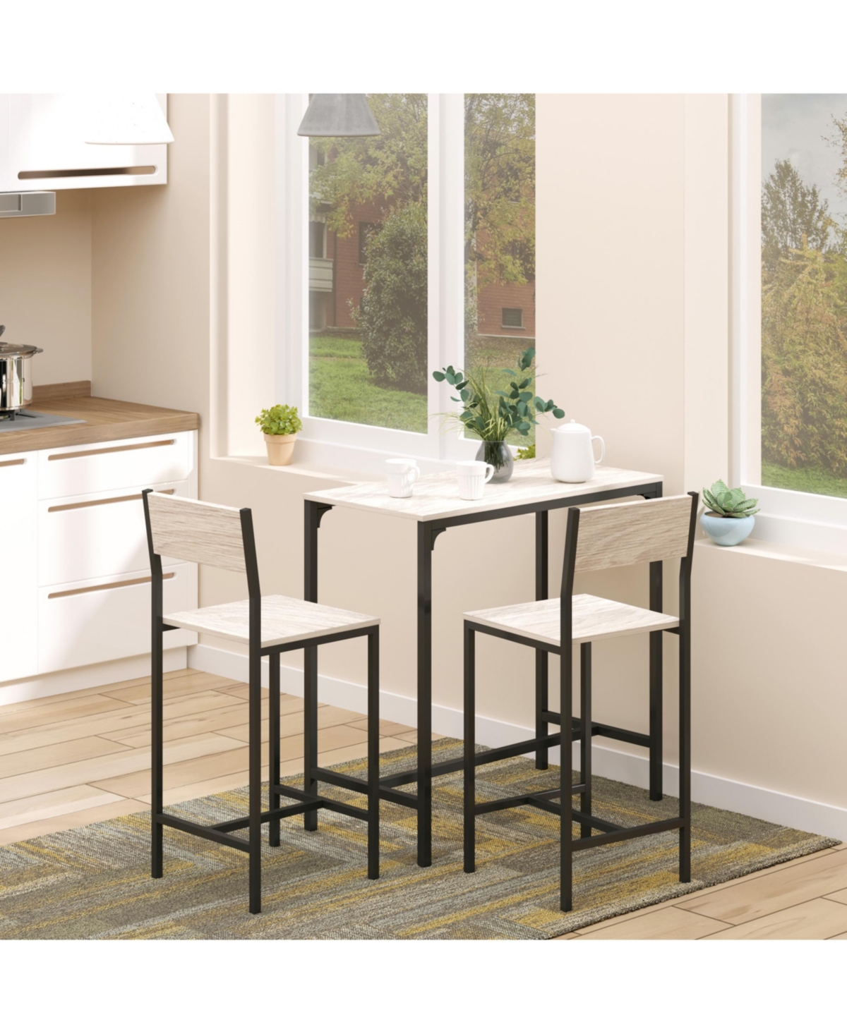Homcom 3-piece Counter Table Set High Back Stool Industrial Dining Kitchen - Wood color and black