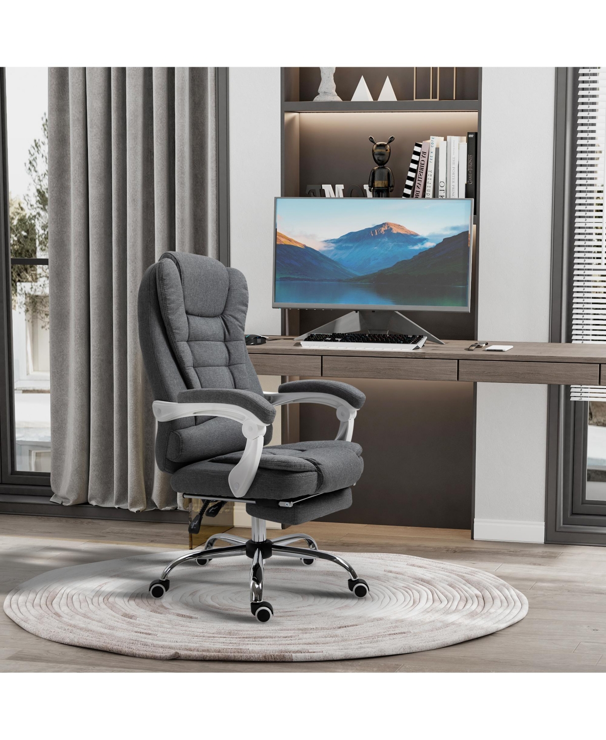 Vinsetto High-Back Executive Office Chair with Footrest, Linen-Fabric Computer Chair with Padded Armrests, Ergonomic Office Chair, Gray