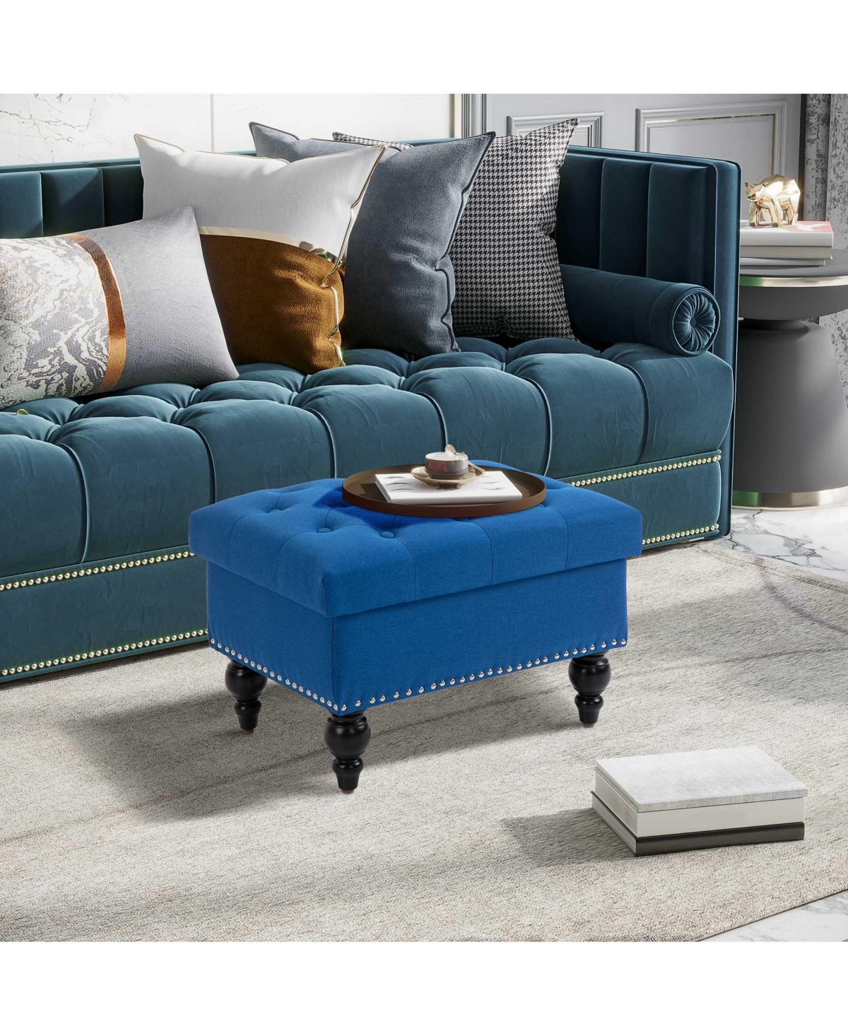 Homcom Storage Ottoman with Removable Lid, Button-Tufted Fabric Bench for Footrest and Seat with Wood Legs,- Blue
