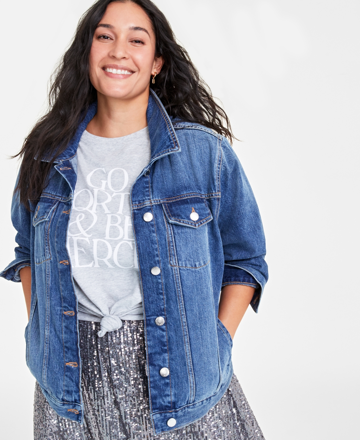 On 34th Trendy Plus Size Classic Denim Trucker Jacket, Created For Macy's In Dark Wash