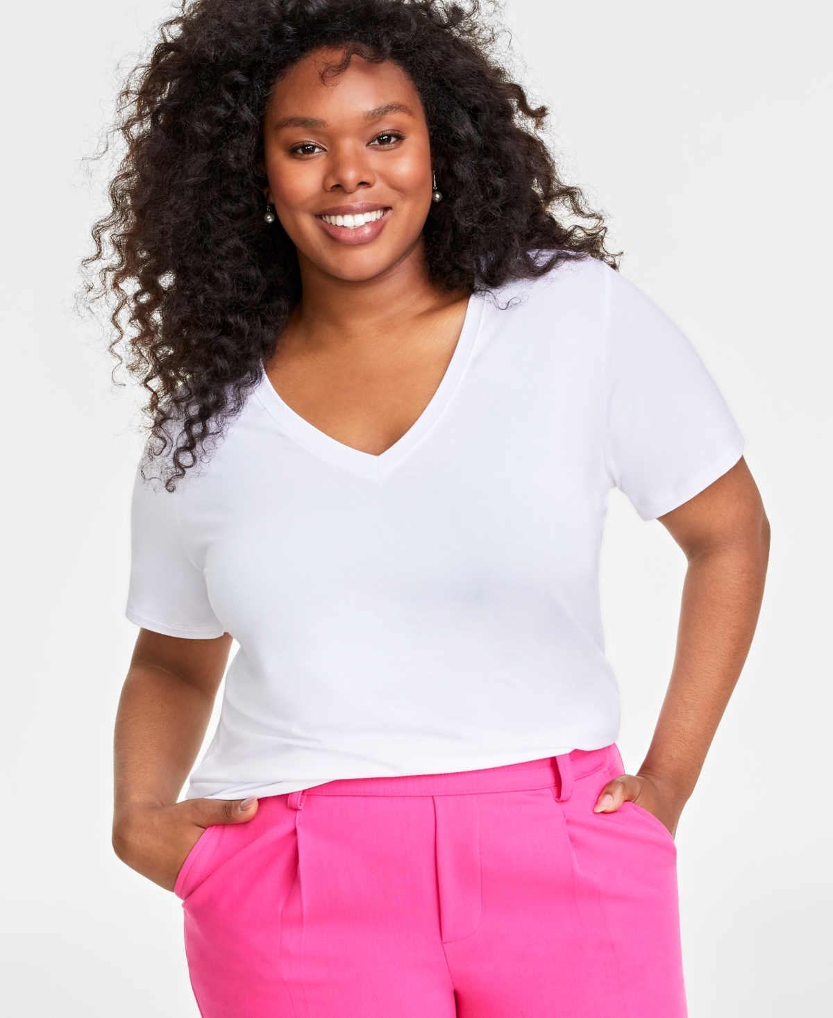 On 34th Plus Size Modal V-neck T-shirt, Created For Macy's In Bright White