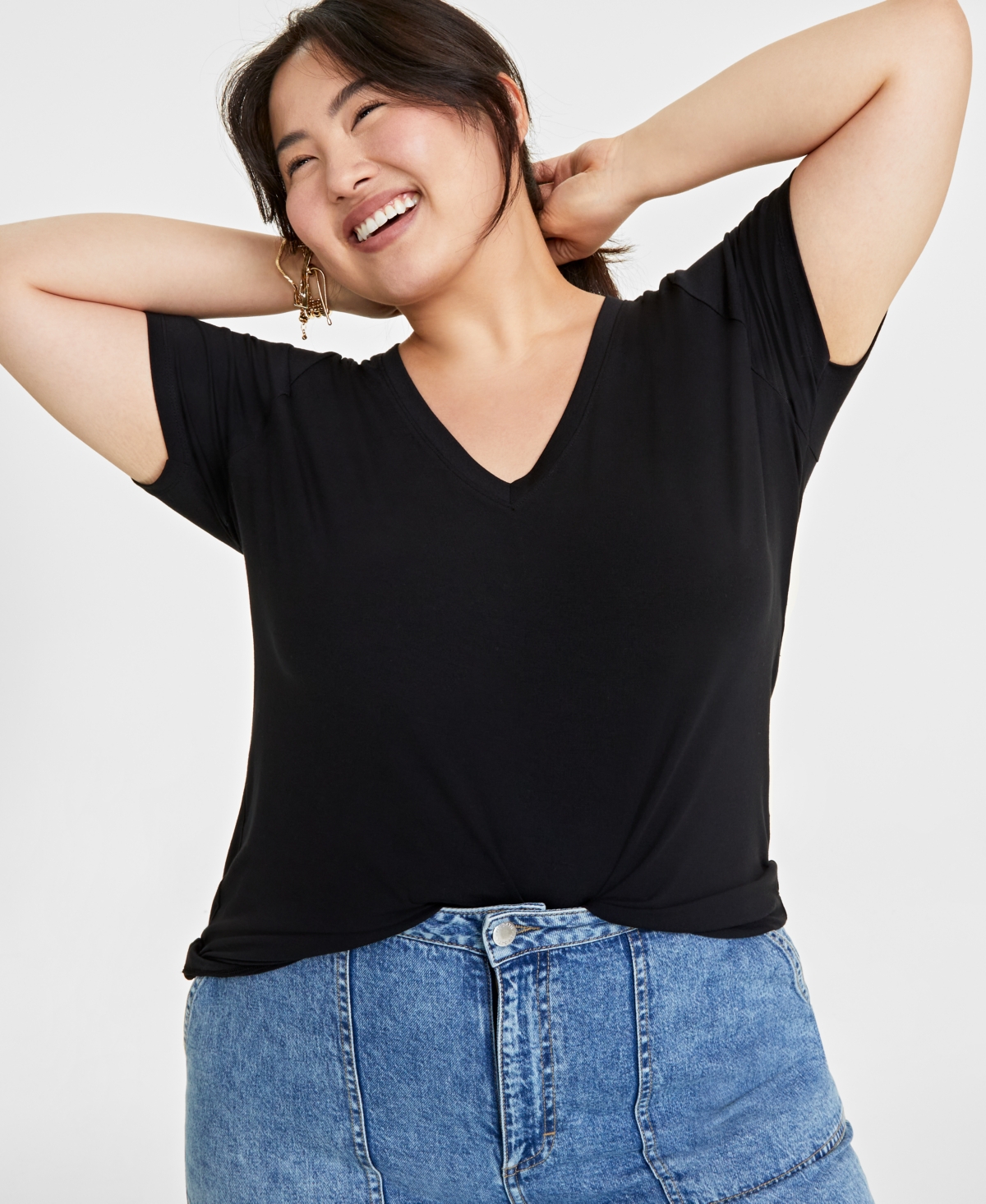 On 34th Trendy Plus Size Modal V-neck T-shirt, Created For Macy's In Deep Black