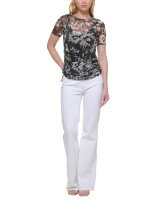 DKNY Jeans Women's Ruched-Side Sheer Mesh Top